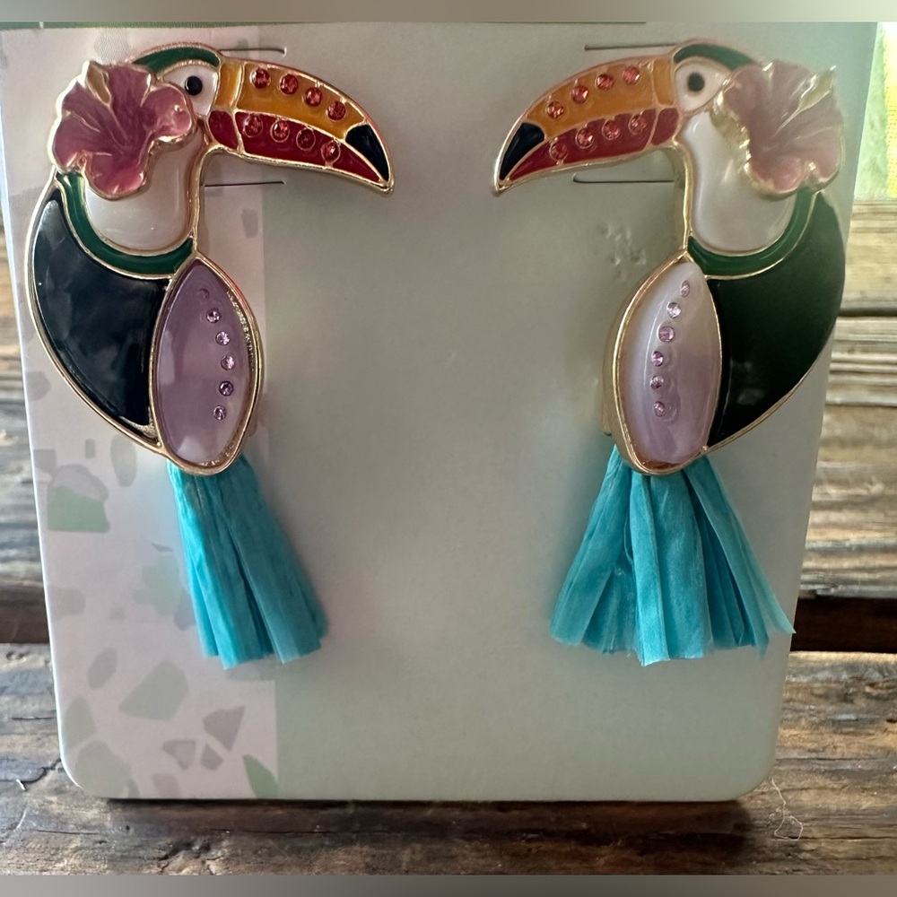 Colorful Toucan Tassel Earrings - Turquoise & Multi